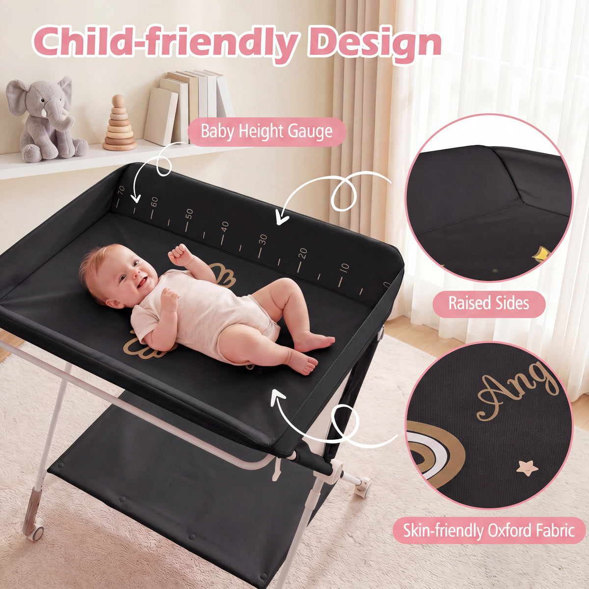 Portable Baby Changing Table, Foldable Diaper Changing Station w/ 3-Level Adjustable Height