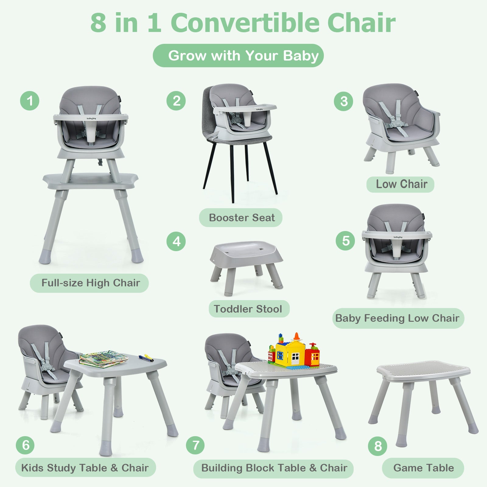 BABY JOY 8 in 1 Baby Highchair Convertible High Chair for Infants w/Adjustable & Washable Tray