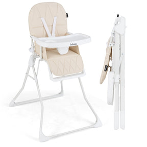 Foldable High Chair, Easy Clean Compact Highchair with Removable Adjustable Tray and PU Seat Cushion, 5-Point Safety Belt for Babies