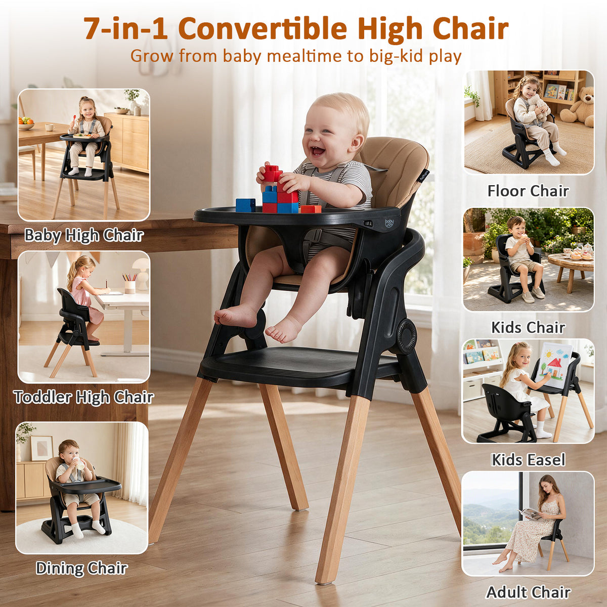 7-in-1 Convertible Foldable Baby High Chair with Adjustable Tray