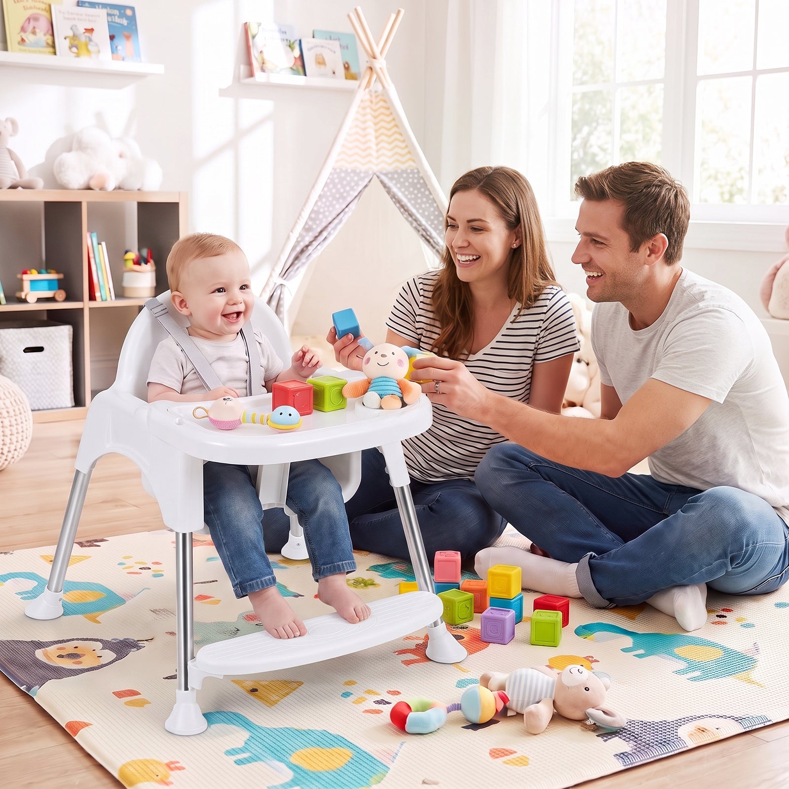 Convertible Baby High Chair, 4-in-1 Highchair w/ Removable 2-Psosition Double Tray, 5-Point Safety Harness