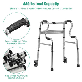 Adjustable Heavy-Duty Folding Walker with Unidirectional Wheels and Bi-Level Armrests