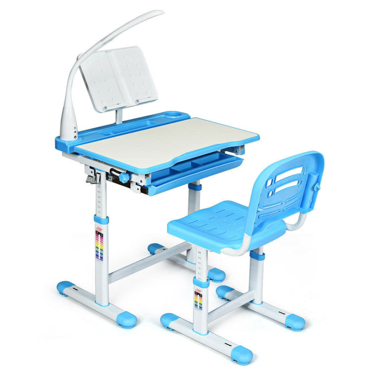 Adjustable Kids Writing Desk Chair Set with LED Light and Bookstand
