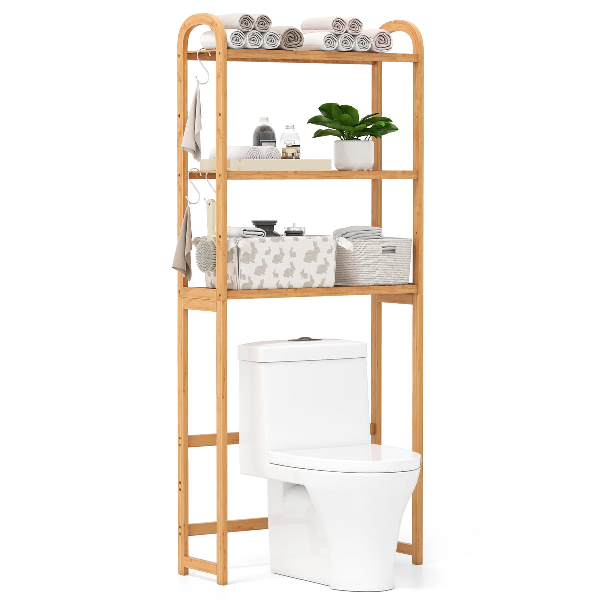 Over the Toilet Storage Rack, 3-Tier Bamboo Bathroom Floor Organizer with 5-Position Shelves