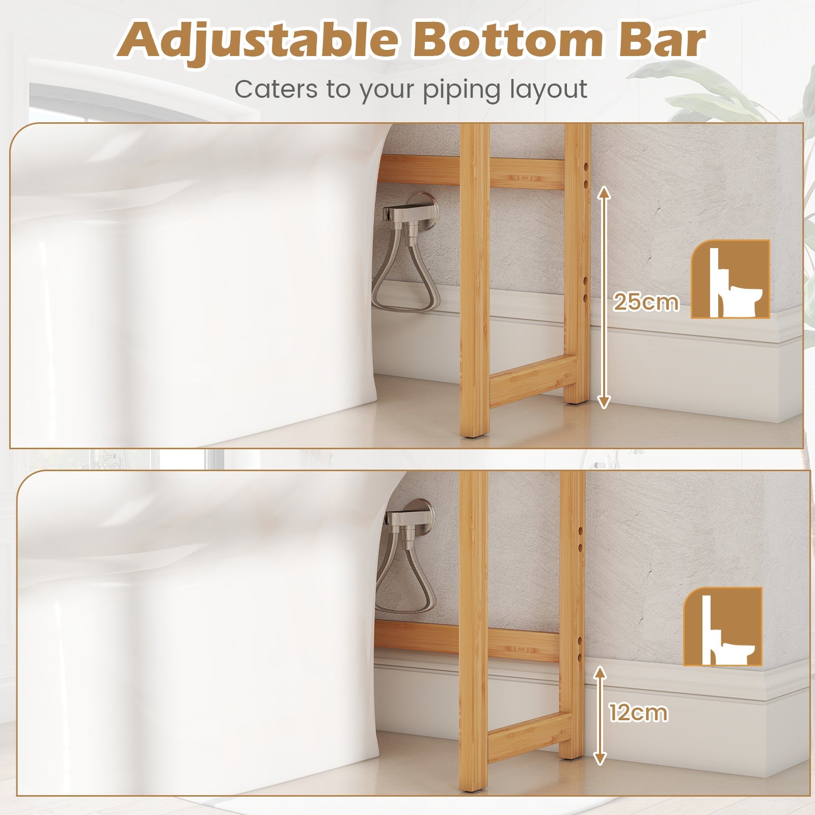 Over the Toilet Storage Rack, 3-Tier Bamboo Bathroom Floor Organizer with 5-Position Shelves