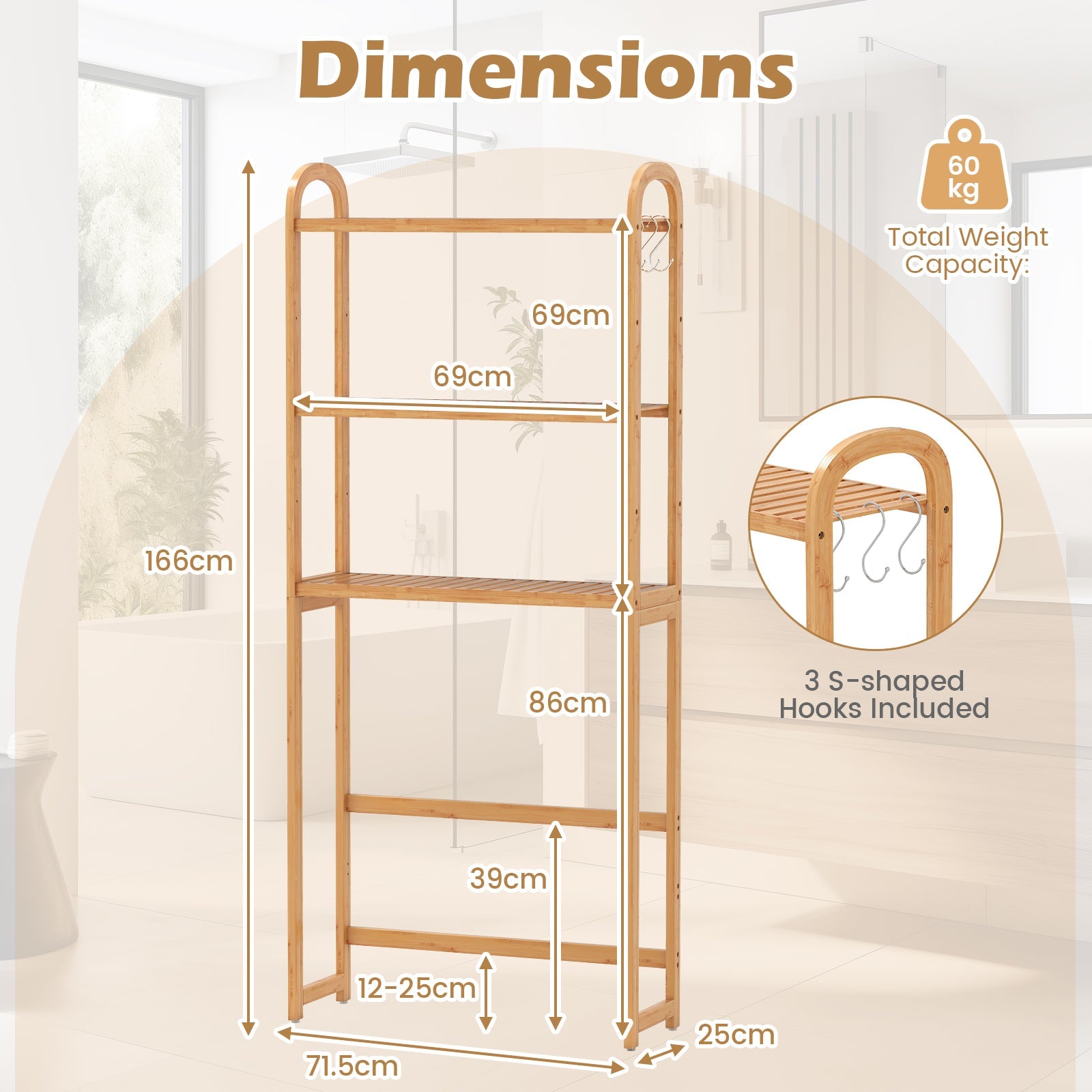 Over the Toilet Storage Rack, 3-Tier Bamboo Bathroom Floor Organizer with 5-Position Shelves