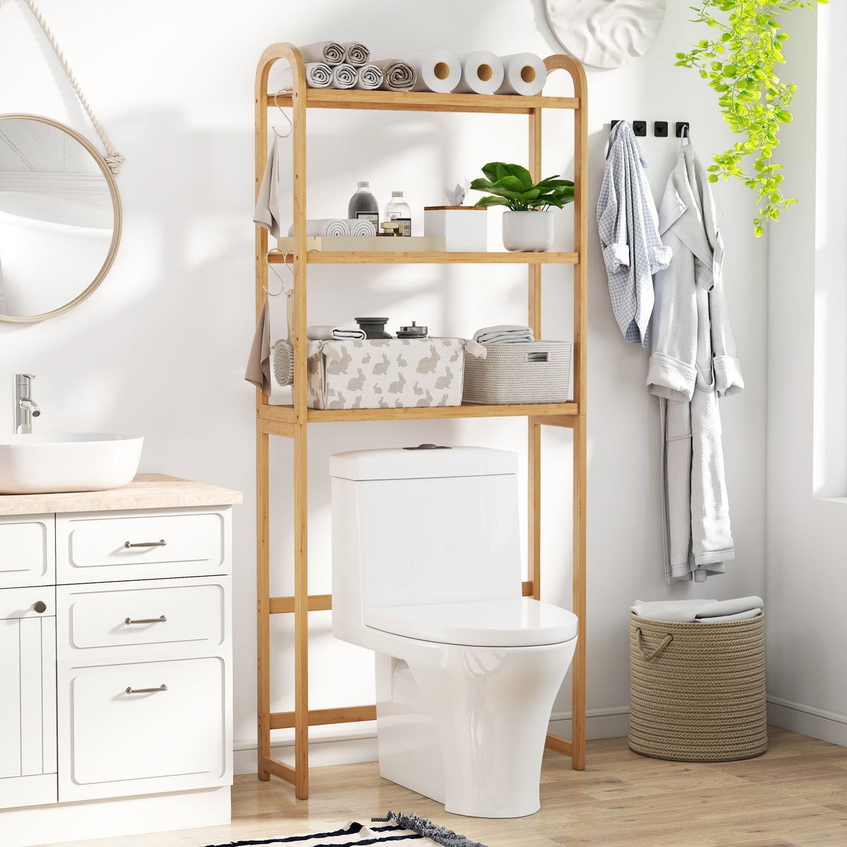 Over the Toilet Storage Rack, 3-Tier Bamboo Bathroom Floor Organizer with 5-Position Shelves