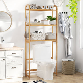 Over the Toilet Storage Rack, 3-Tier Bamboo Bathroom Floor Organizer with 5-Position Shelves