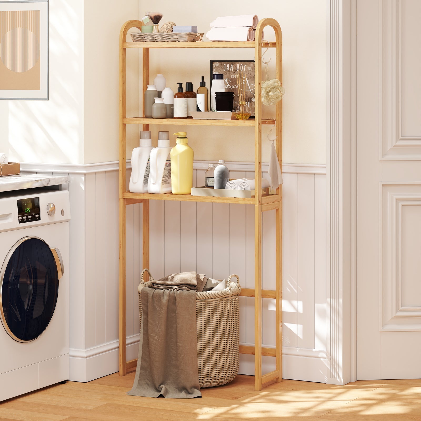 Over the Toilet Storage Rack, 3-Tier Bamboo Bathroom Floor Organizer with 5-Position Shelves