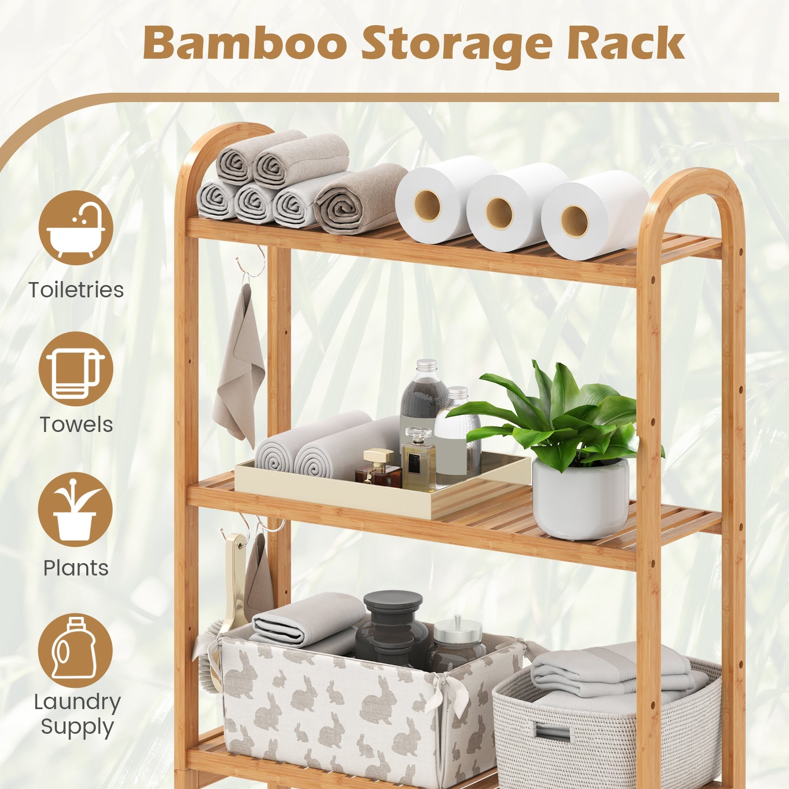 Over the Toilet Storage Rack, 3-Tier Bamboo Bathroom Floor Organizer with 5-Position Shelves