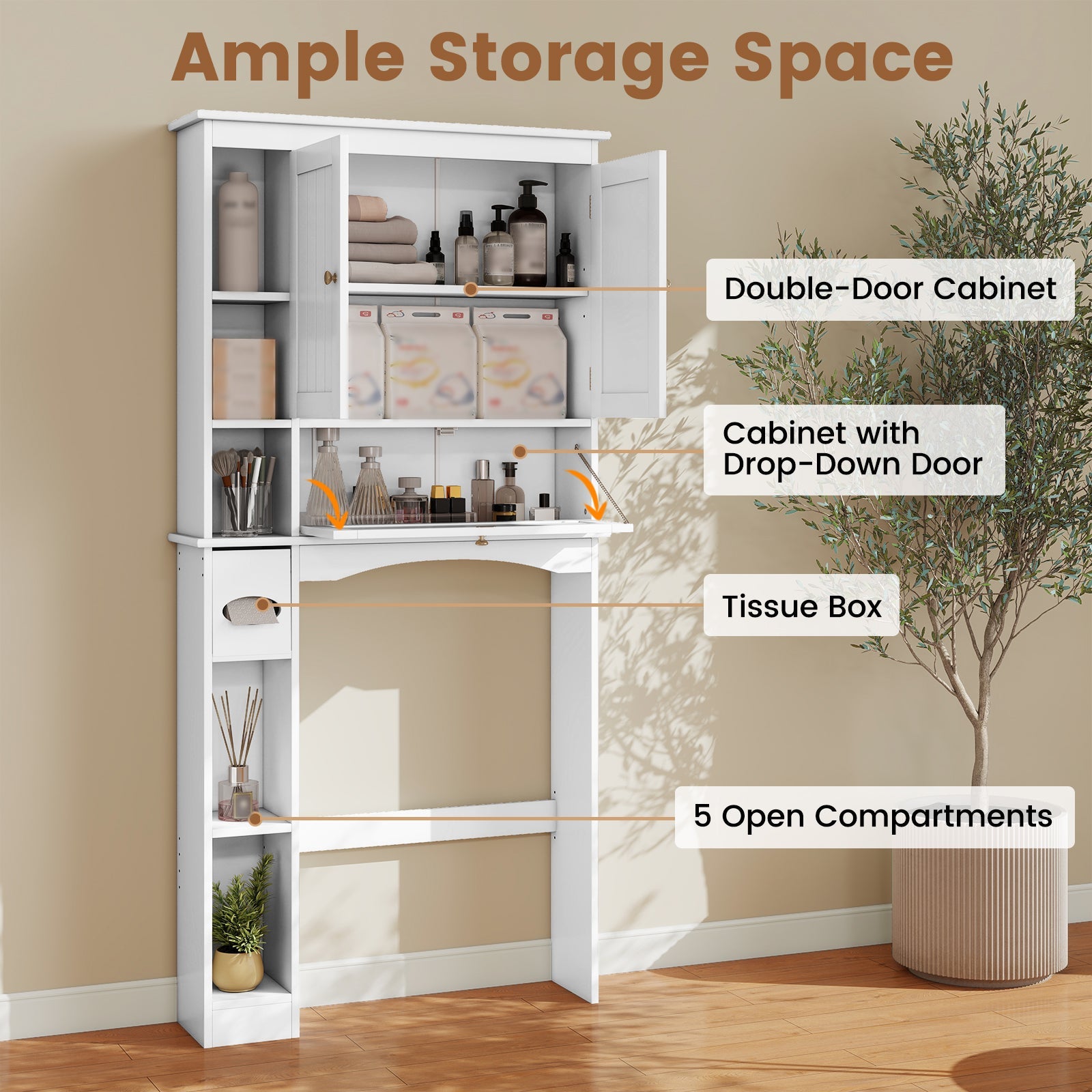 Over the Toilet Storage Cabinet, Above Toilet Storage Rack with 2 Doors