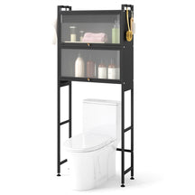 166 cm Over-the-toilet Cabinet, Bathroom Organizer w/ 2 Flip-up Cabinets, See-through Fluted Doors