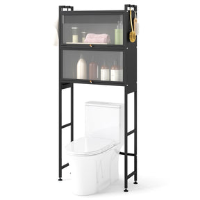 166 cm Over-the-toilet Cabinet, Bathroom Organizer w/ 2 Flip-up Cabinets, See-through Fluted Doors