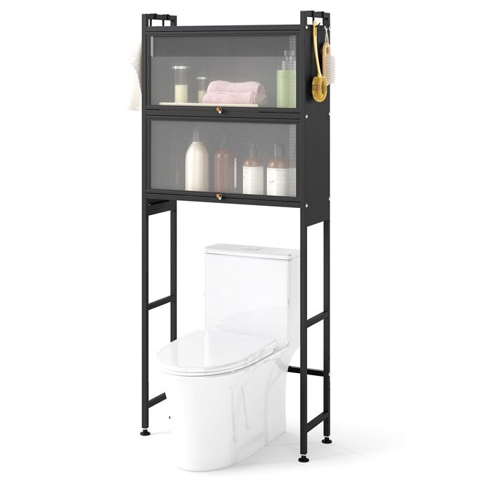 166 cm Over-the-toilet Cabinet, Bathroom Organizer w/ 2 Flip-up Cabinets, See-through Fluted Doors