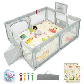 BABY JOY Baby Playpen with Double-Sided Mat, 185 x 155cm Baby Playard w/Basketball Hoop