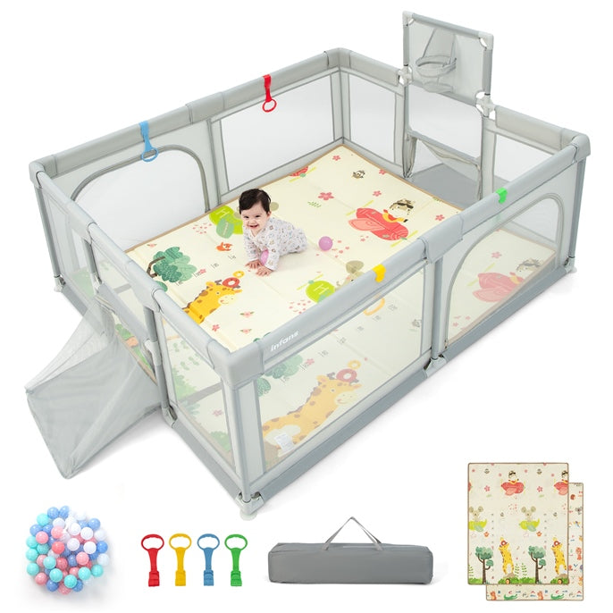 BABY JOY Baby Playpen with Double-Sided Mat, 185 x 155cm Baby Playard w/Basketball Hoop