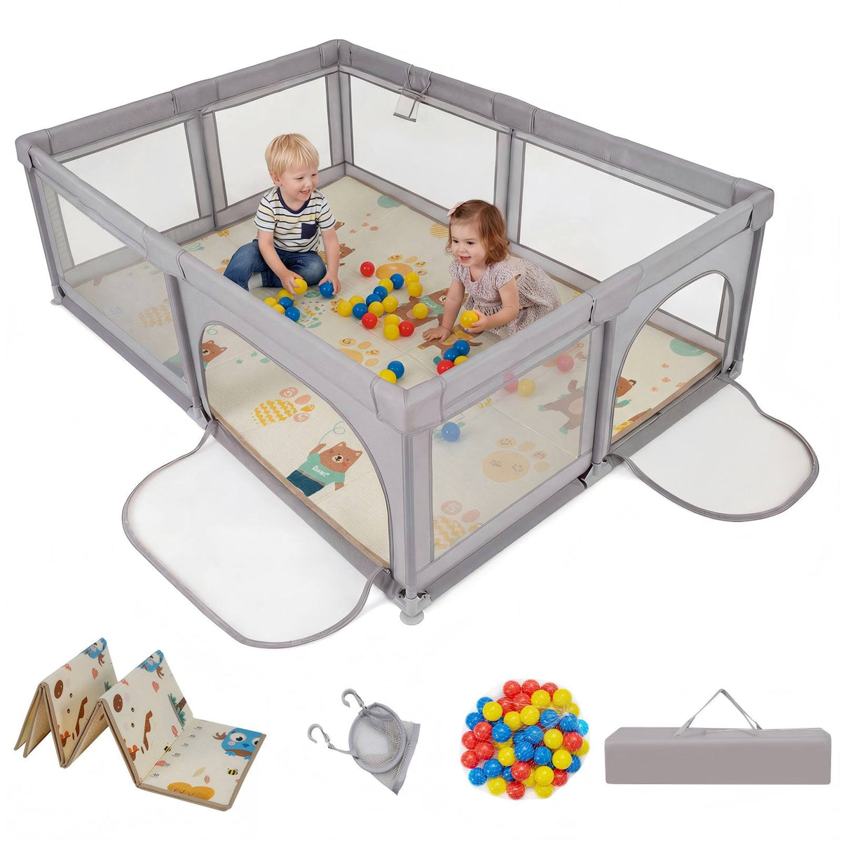Extra Large Playpen for Babies and Toddlers, Portable Kids Playard Safety Fence w/Mesh Walls, Zip-Open Side Doors, Ocean Balls & Hoop