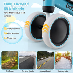 Baby Balance Bike, No Pedal Infant 4 Wheels Bicycle with Non-slip Handlerbar & Padded Saddle Seat, 135° Safe Limit Steer Walker Bike