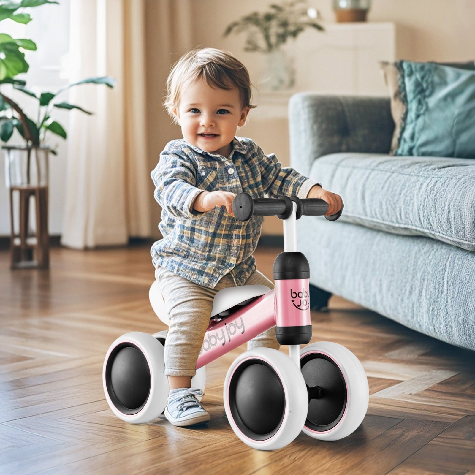 BABY JOY Baby Balance Bike, No Pedal Infant 4 Wheels Bicycle with Non-slip Handlerbar & Padded Saddle Seat