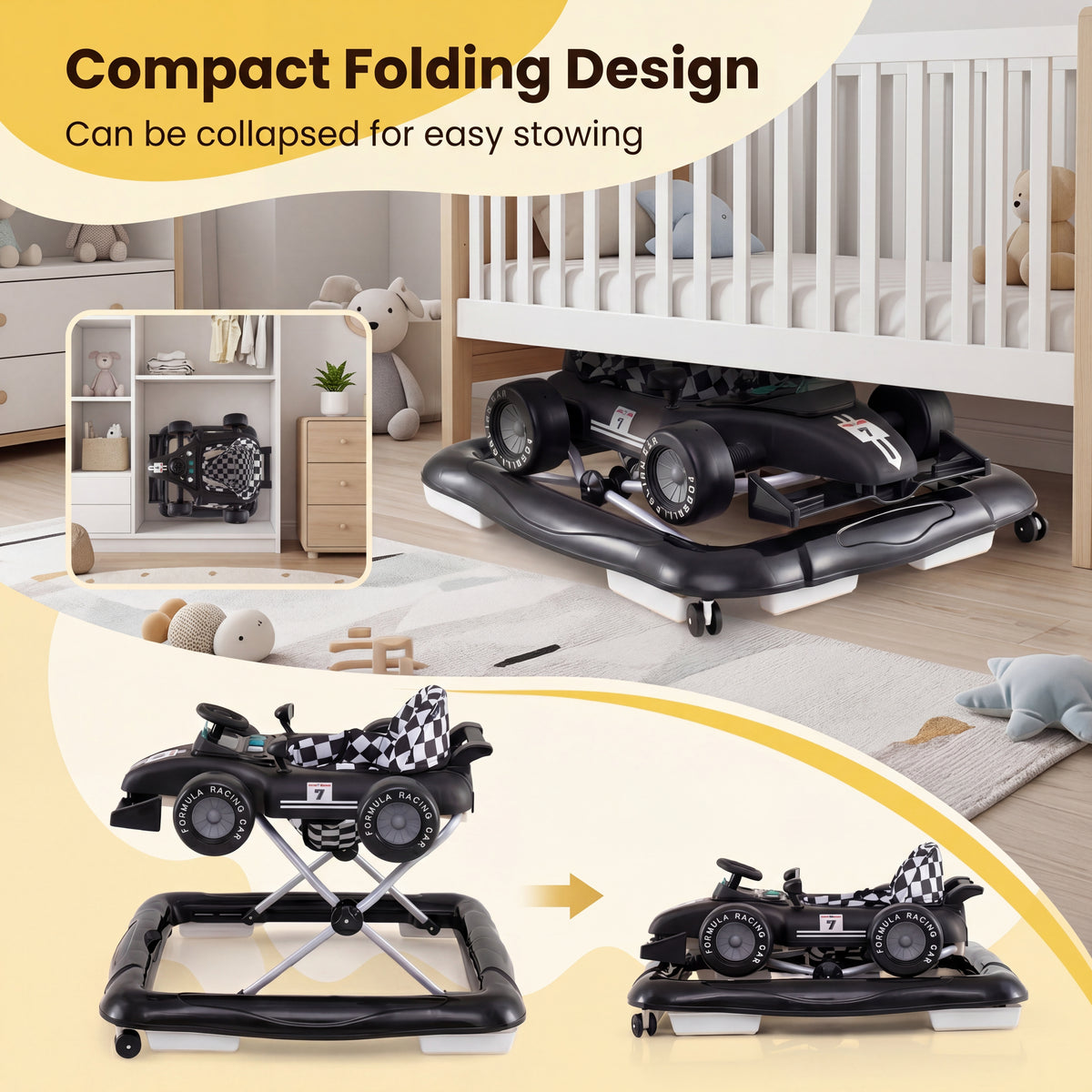 4-in-1 Foldable Baby Walker with Wheels, Toddler Activity Walker w/ 3-Level Adjustable Height