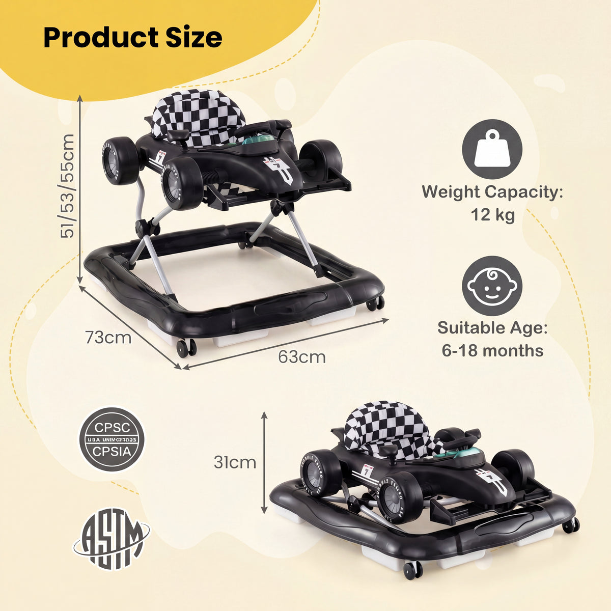 4-in-1 Foldable Baby Walker with Wheels, Toddler Activity Walker w/ 3-Level Adjustable Height