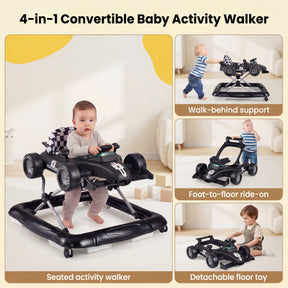 4-in-1 Foldable Baby Walker with Wheels, Toddler Activity Walker w/ 3-Level Adjustable Height