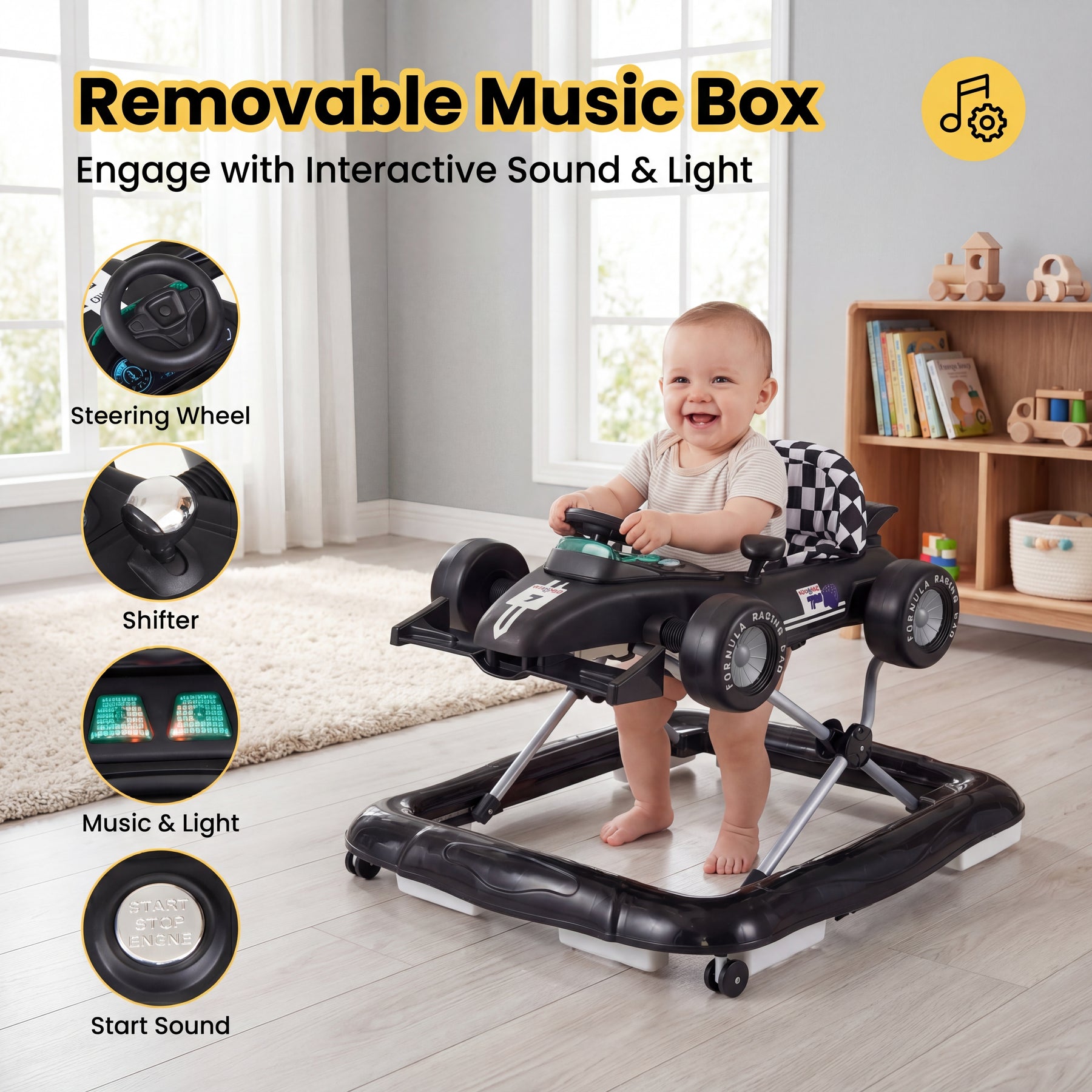 4-in-1 Foldable Baby Walker with Wheels, Toddler Activity Walker w/ 3-Level Adjustable Height