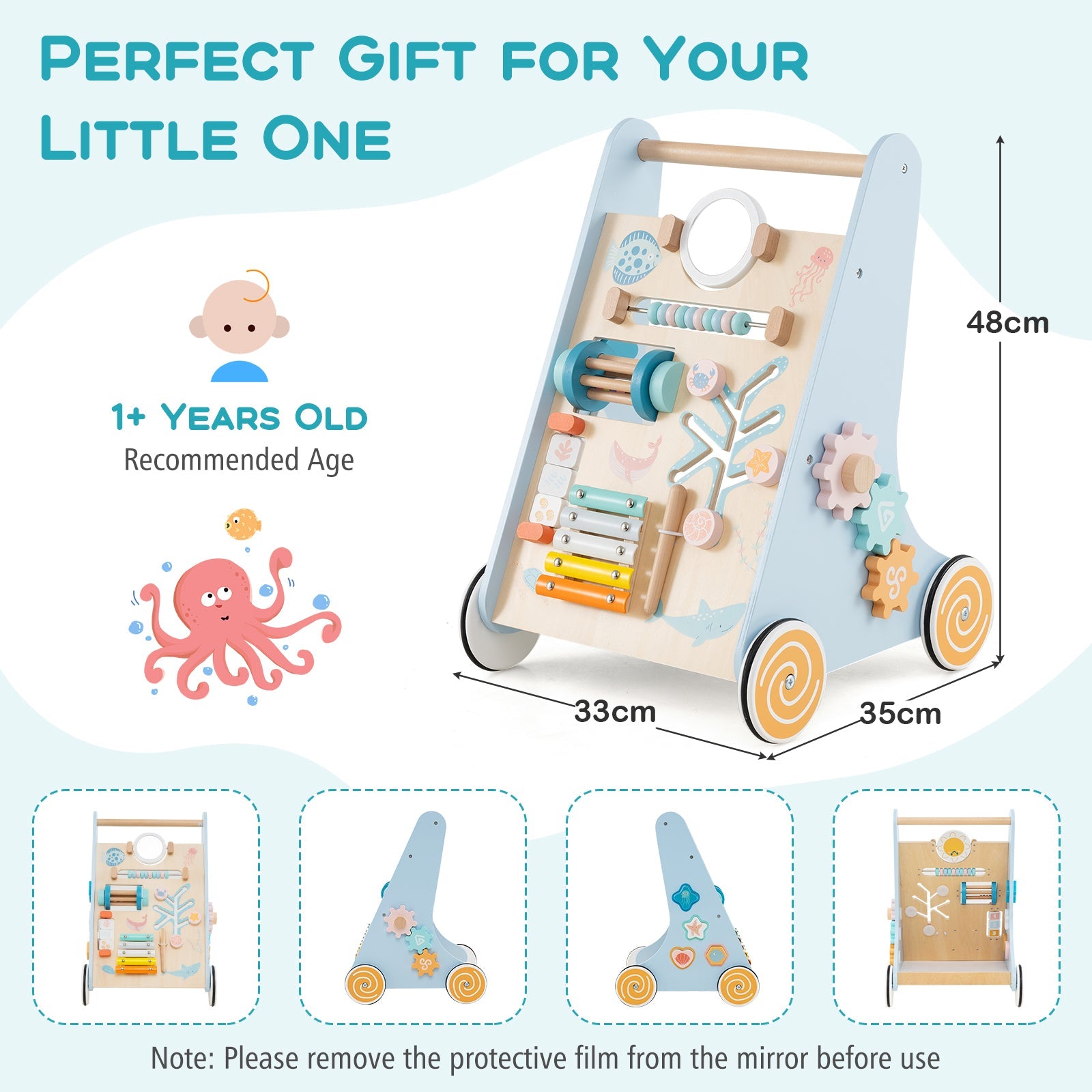 8-in-1 Wooden Baby Walker, Push and Pull Learning Activity Center for 1+ Years Old