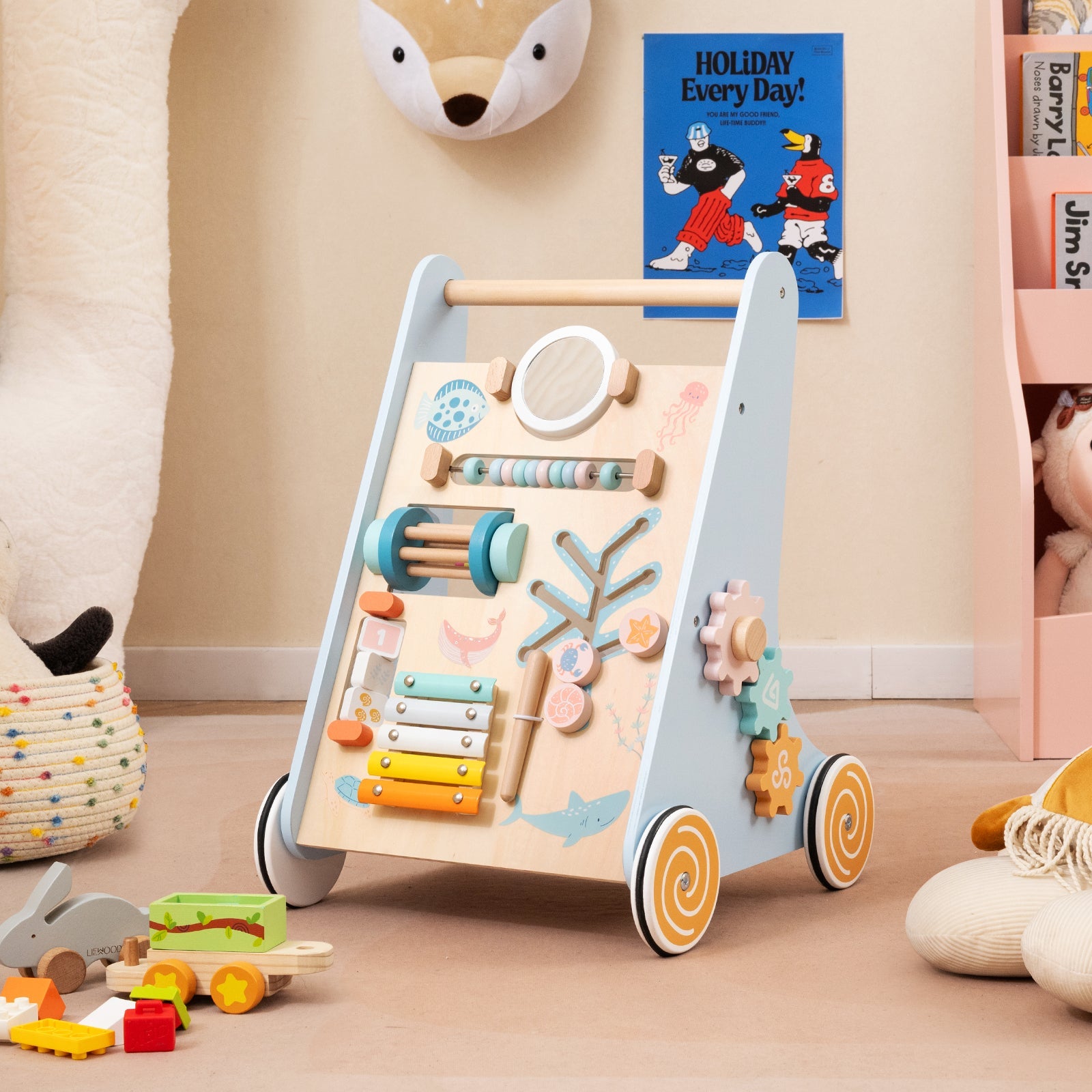 8-in-1 Wooden Baby Walker, Push and Pull Learning Activity Center for 1+ Years Old