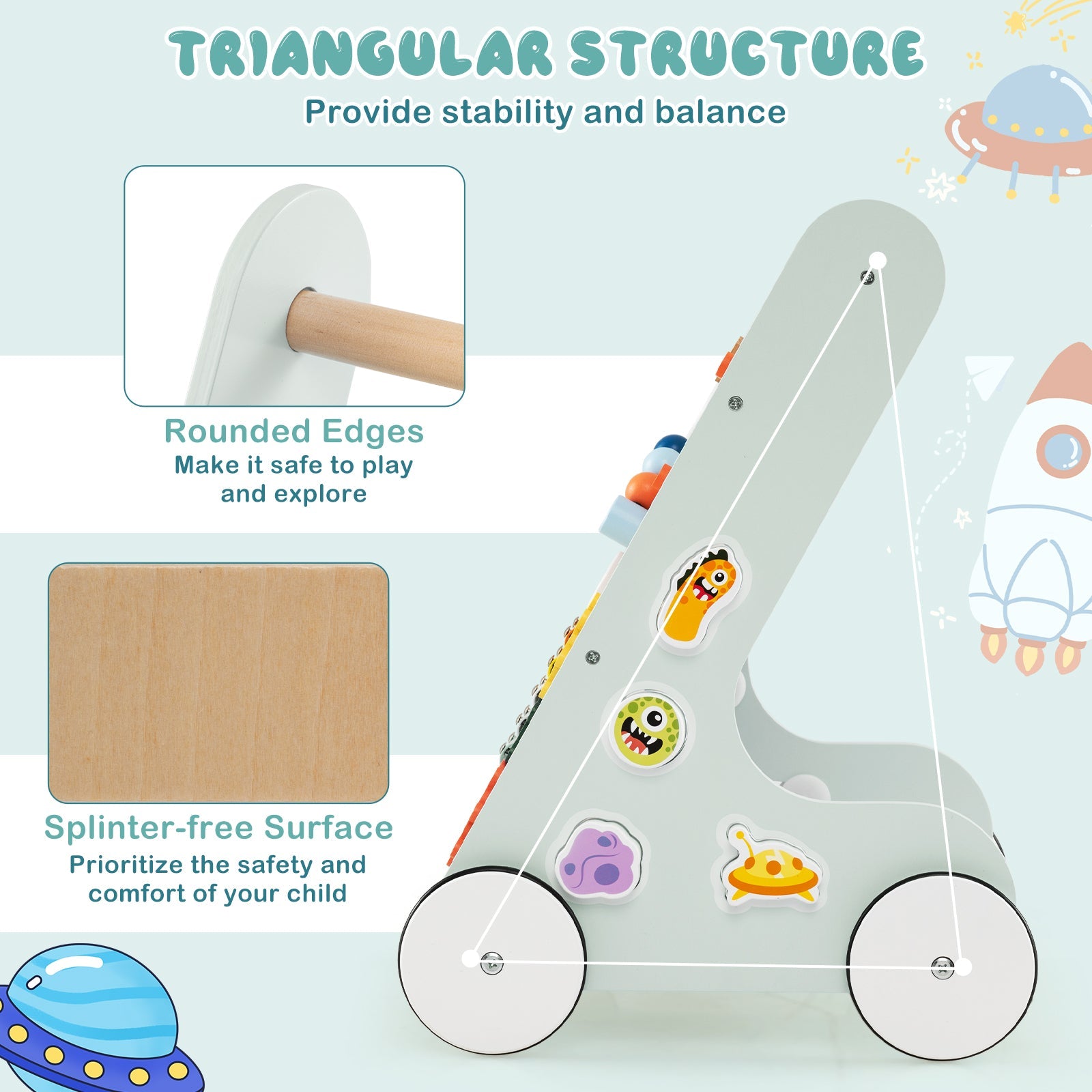 8-in-1 Wooden Baby Walker, Montessori Walker Toy with Wheels