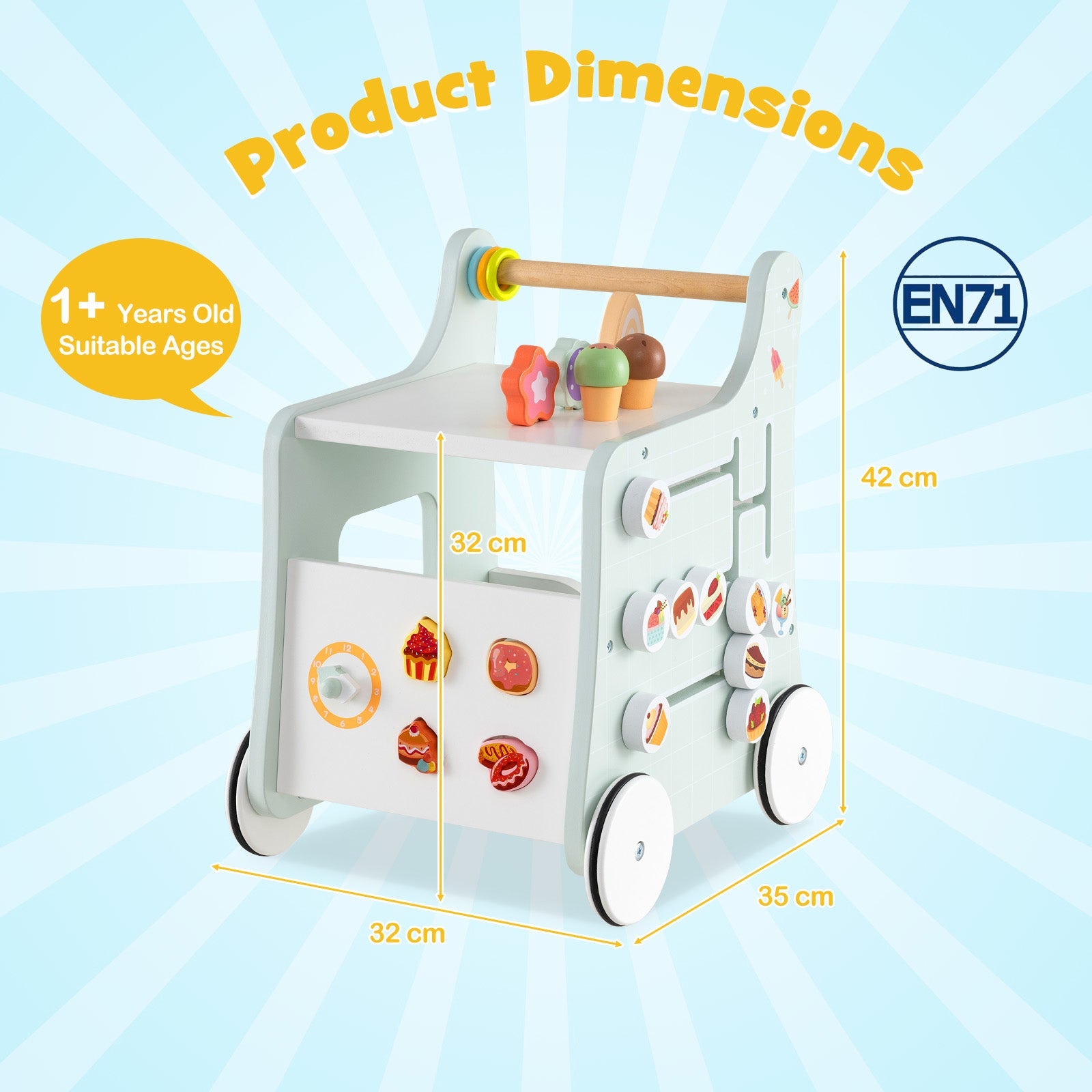 2 in 1 Wooden Baby Walker, Montessori Push & Pull Walking Toy Dessert Ice Cream Cart