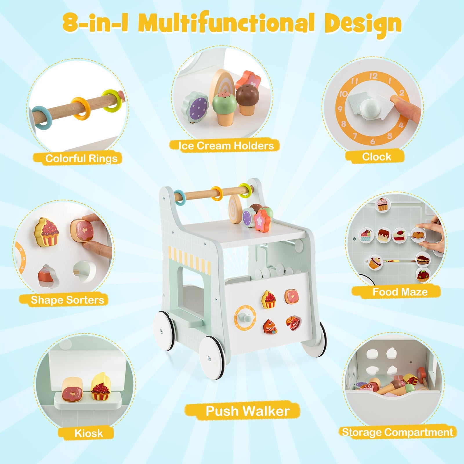 2 in 1 Wooden Baby Walker, Montessori Push & Pull Walking Toy Dessert Ice Cream Cart