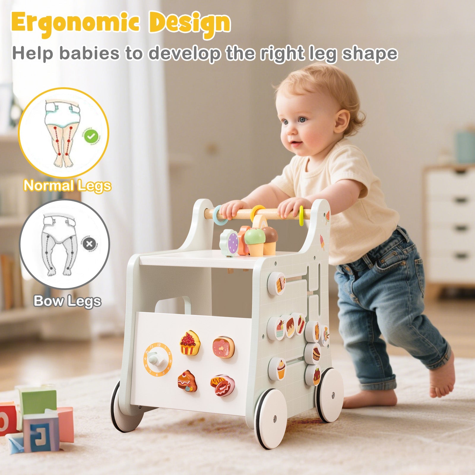 2 in 1 Wooden Baby Walker, Montessori Push & Pull Walking Toy Dessert Ice Cream Cart