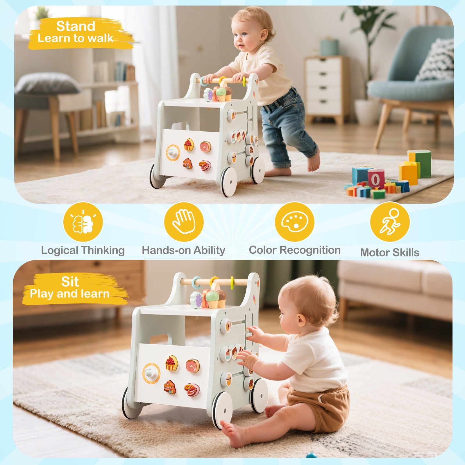 2 in 1 Wooden Baby Walker, Montessori Push & Pull Walking Toy Dessert Ice Cream Cart