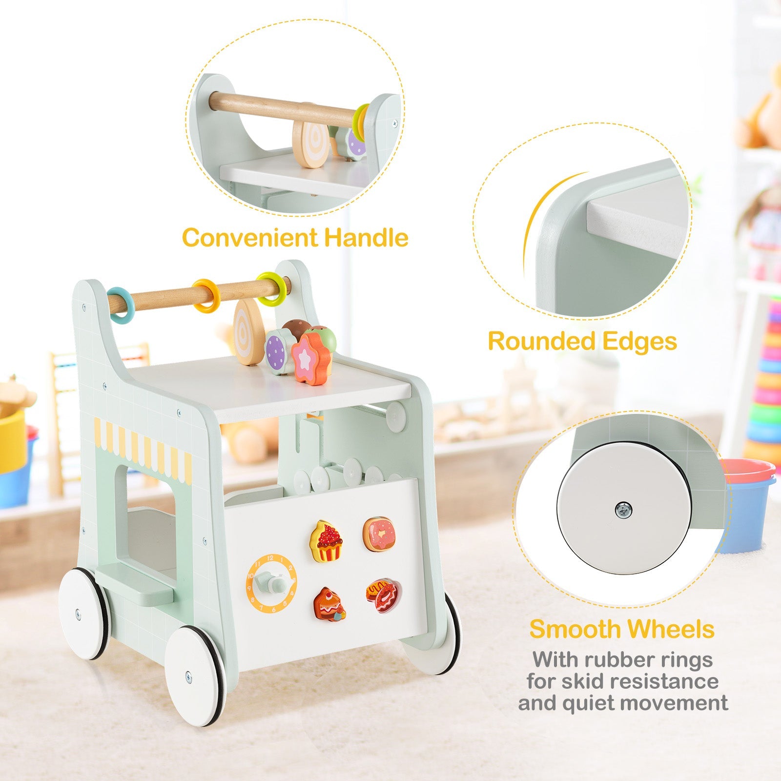 2 in 1 Wooden Baby Walker, Montessori Push & Pull Walking Toy Dessert Ice Cream Cart