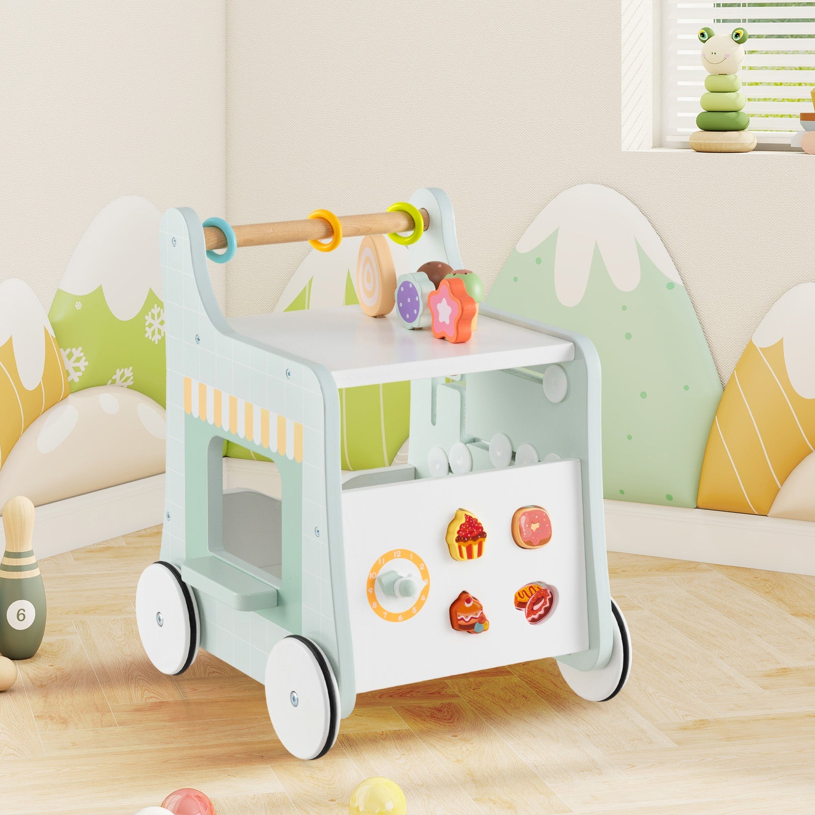 2 in 1 Wooden Baby Walker, Montessori Push & Pull Walking Toy Dessert Ice Cream Cart