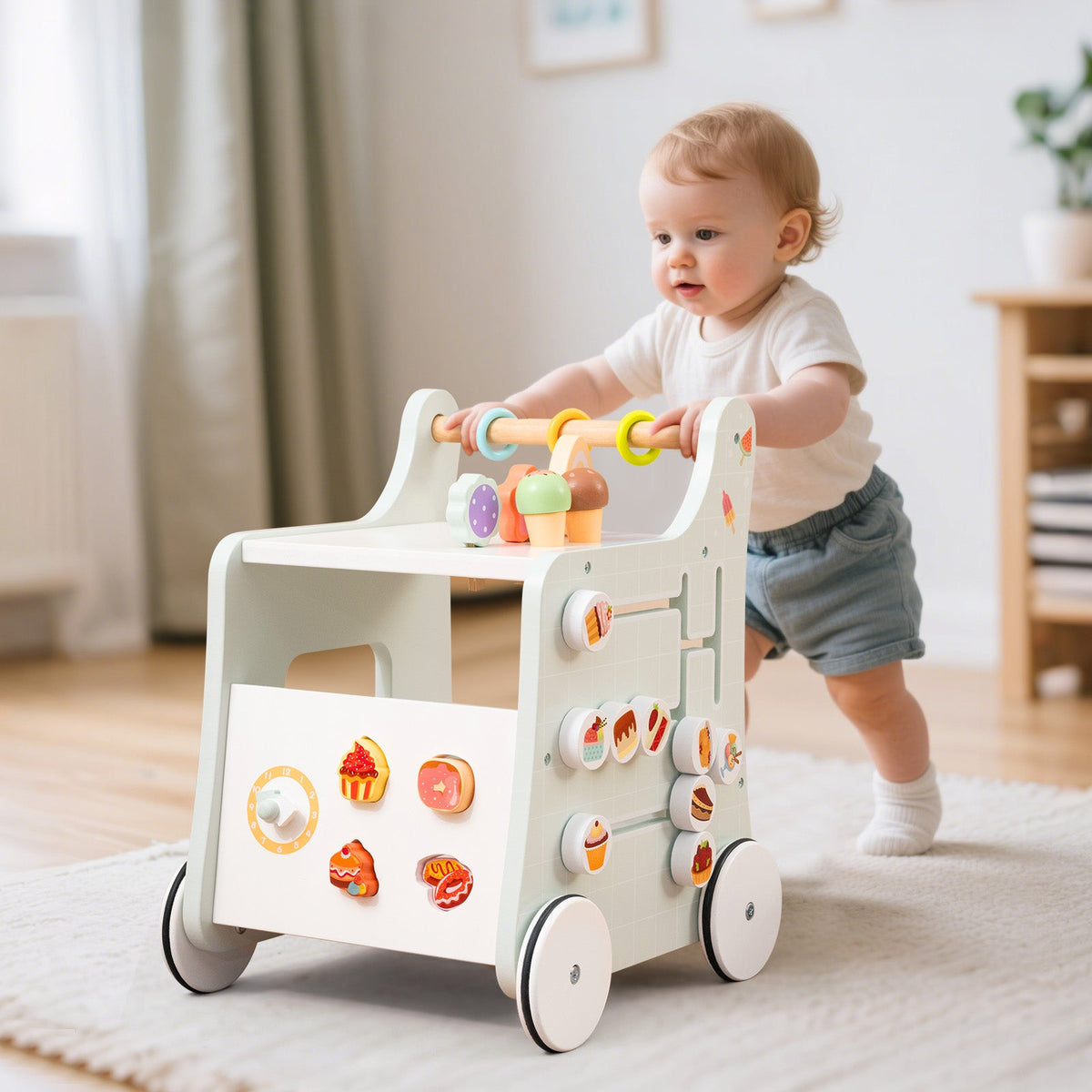 2 in 1 Wooden Baby Walker, Montessori Push & Pull Walking Toy Dessert Ice Cream Cart