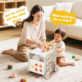 2 in 1 Wooden Baby Walker, Montessori Push & Pull Walking Toy Dessert Ice Cream Cart