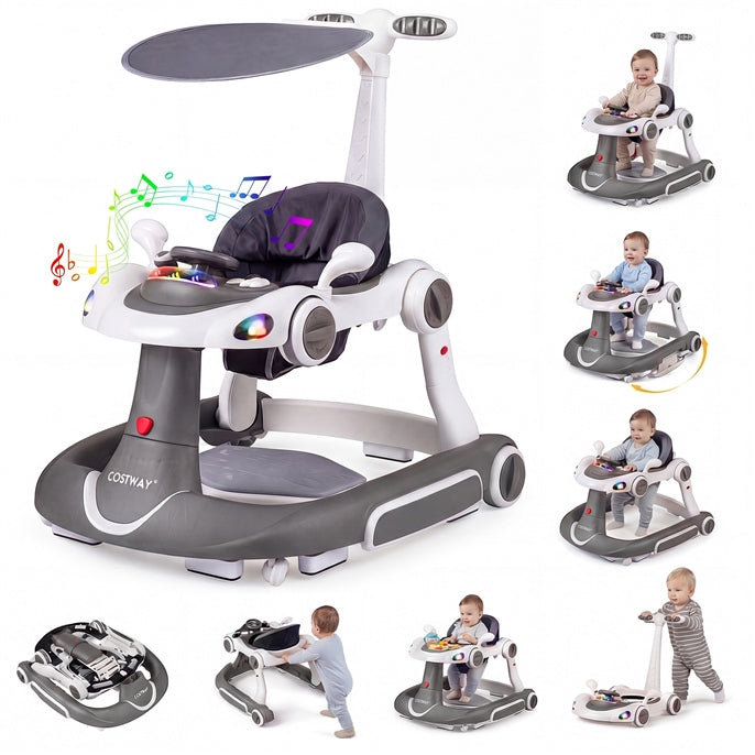 7-in-1 Baby Walker portable, Foldable Activity Center Bouncer Rocker Combo w/Canopy Music, Lights