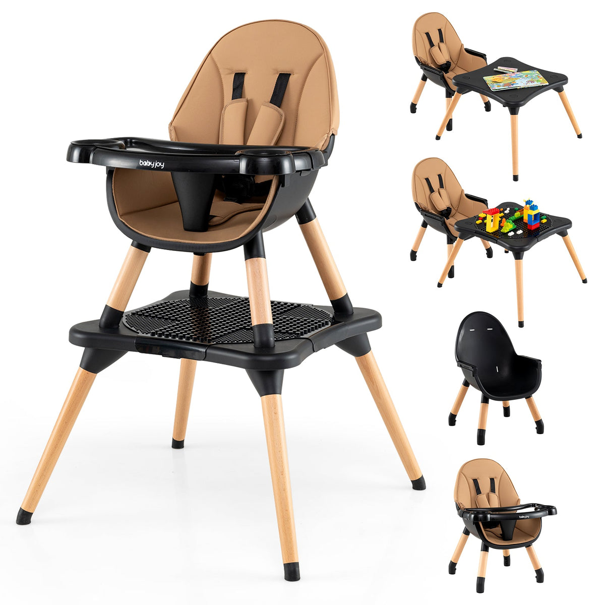 6-in-1 Convertible Table Chair Set, Wooden Infant Seat Feeding Dining Studying Chair for Kids 6-36 Months