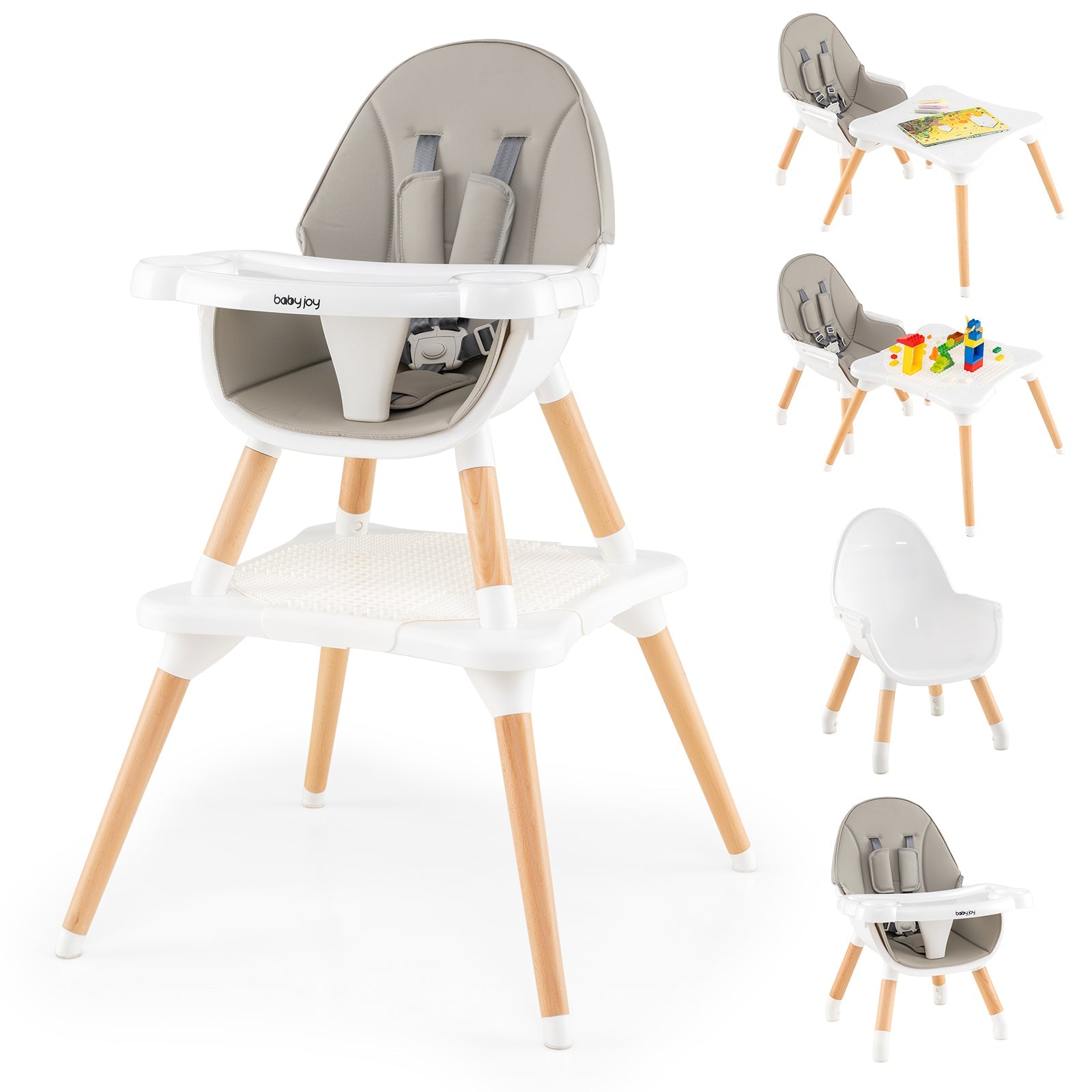 6-in-1 Convertible Table Chair Set, Wooden Infant Seat Feeding Dining Studying Chair for Kids 6-36 Months