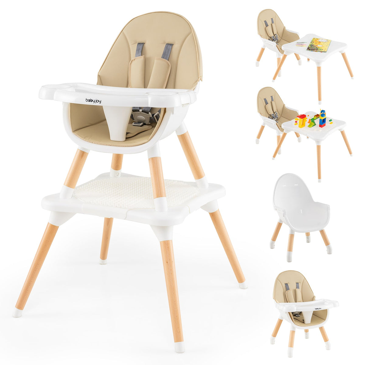 6-in-1 Convertible Table Chair Set, Wooden Infant Seat Feeding Dining Studying Chair for Kids 6-36 Months