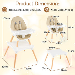 6-in-1 Convertible Table Chair Set, Wooden Infant Seat Feeding Dining Studying Chair for Kids 6-36 Months