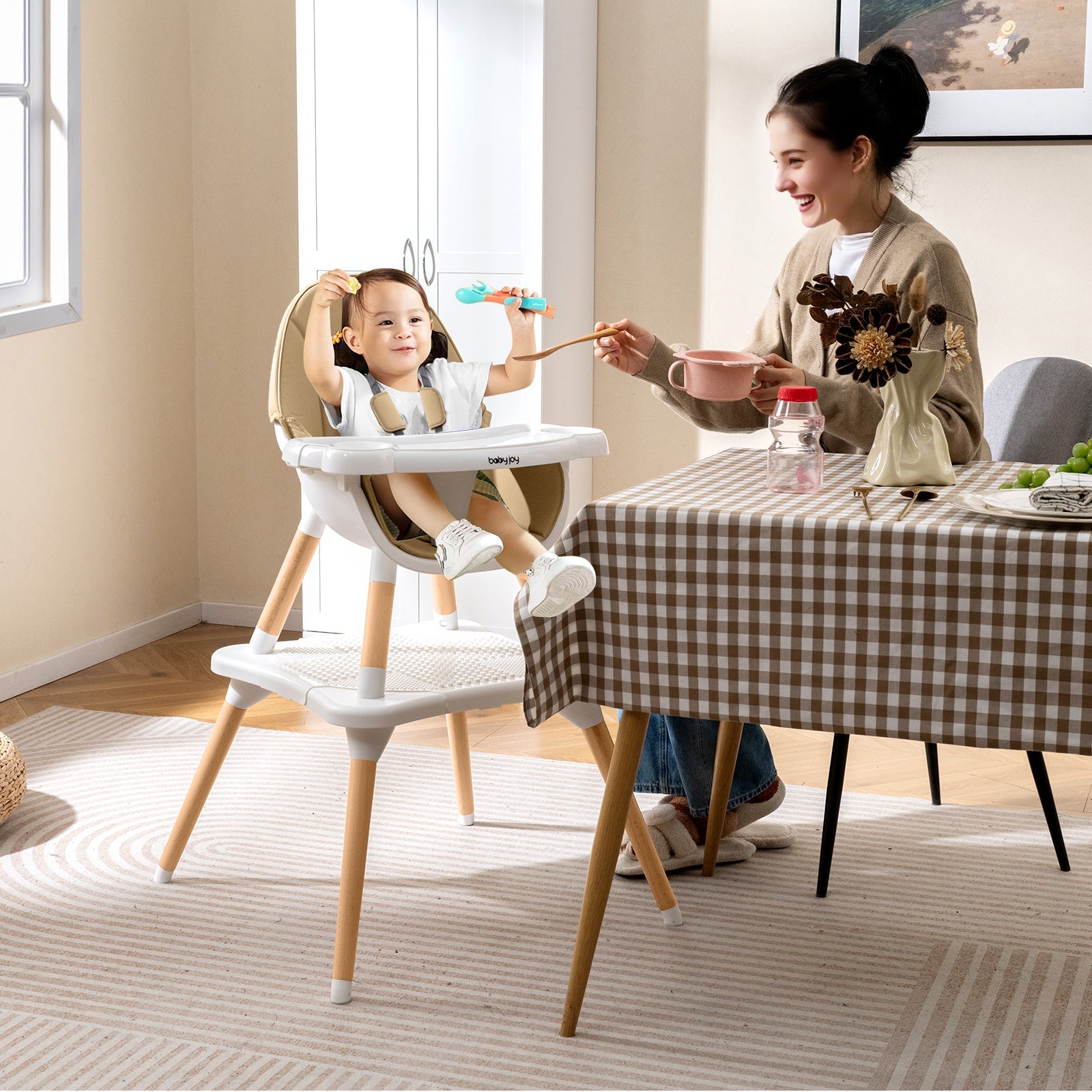6-in-1 Convertible Table Chair Set, Wooden Infant Seat Feeding Dining Studying Chair for Kids 6-36 Months