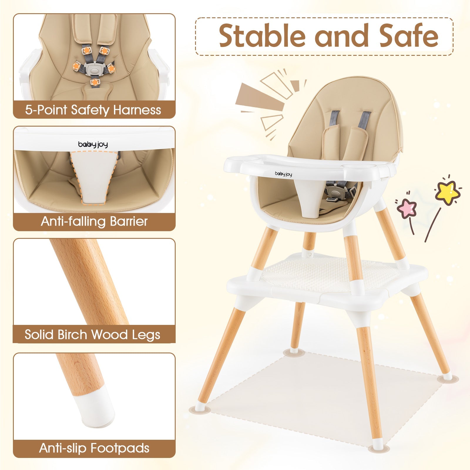 6-in-1 Convertible Table Chair Set, Wooden Infant Seat Feeding Dining Studying Chair for Kids 6-36 Months