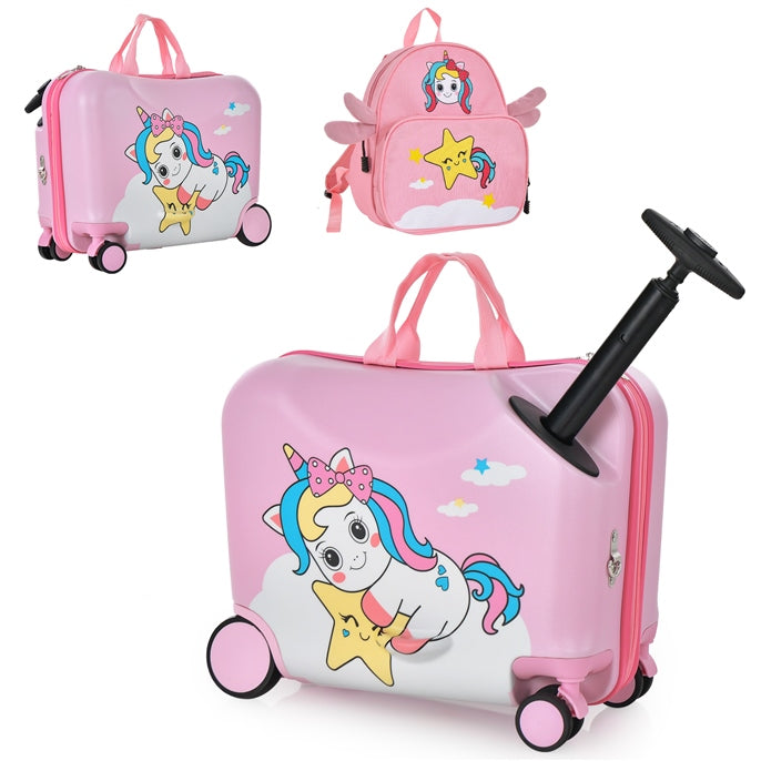 2 PCS Kid Luggage Set W/Spinner Wheels, 18" Ride-on & Carry-on & Sit-on Suitcase & 12" Backpack Set W/Lanyard for Pull & Prevent Loss