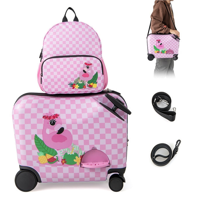 2 PCS Kid Luggage Set W/Spinner Wheels, 18" Ride-on & Carry-on & Sit-on Suitcase & 12" Backpack Set W/Lanyard for Pull & Prevent Loss
