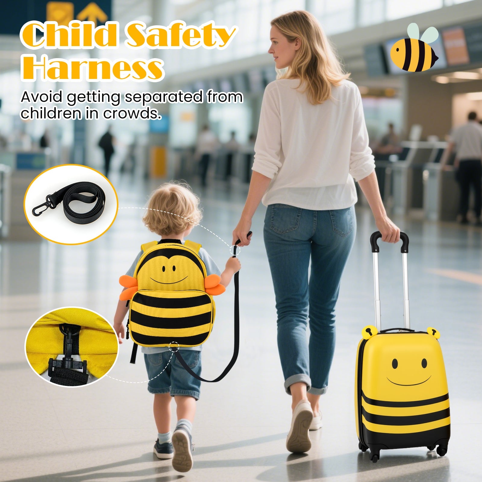 2 PCS Kids Luggage Set on Wheels, 16” Portable Bee Suitcase & 12” Backpack