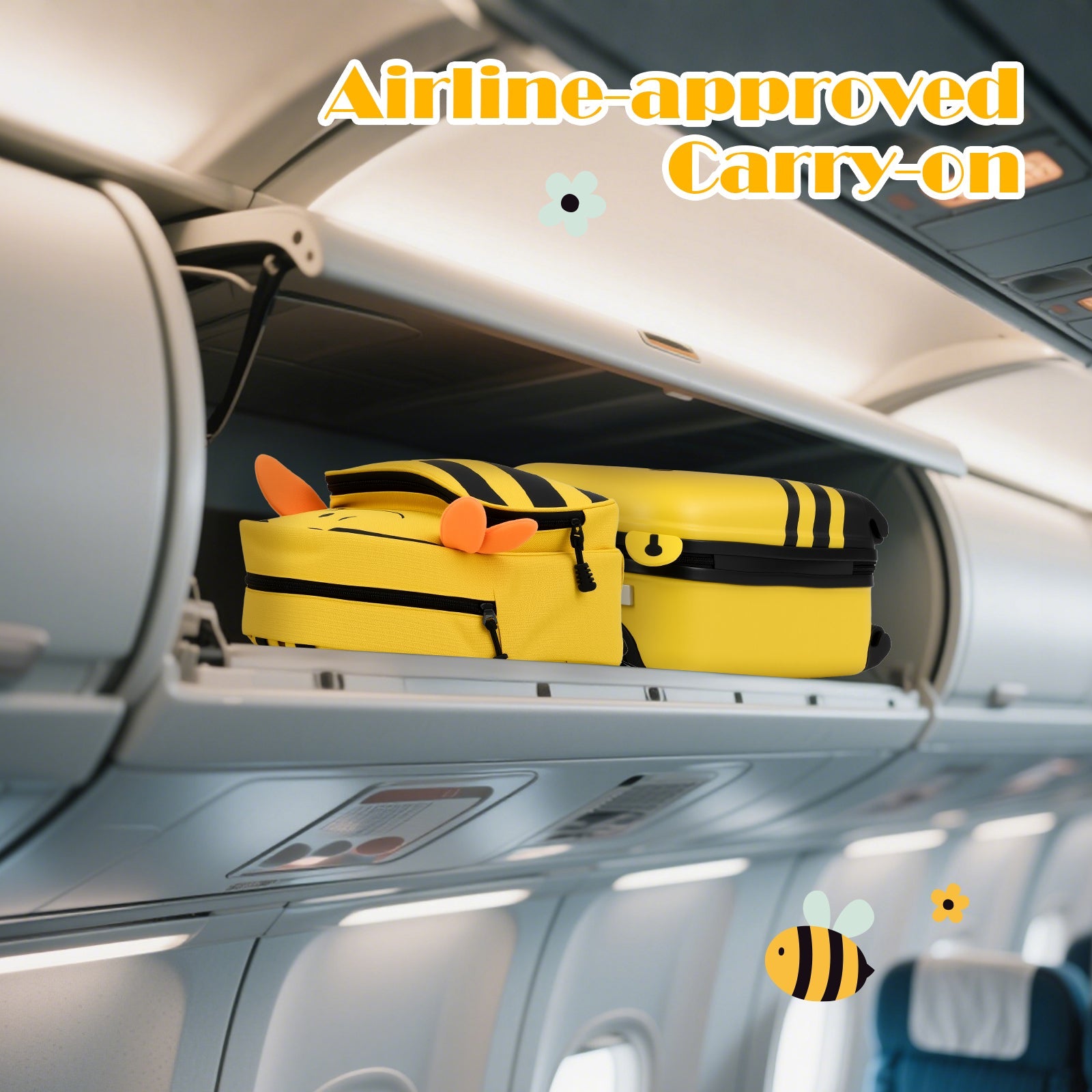 2 PCS Kids Luggage Set on Wheels, 16” Portable Bee Suitcase & 12” Backpack