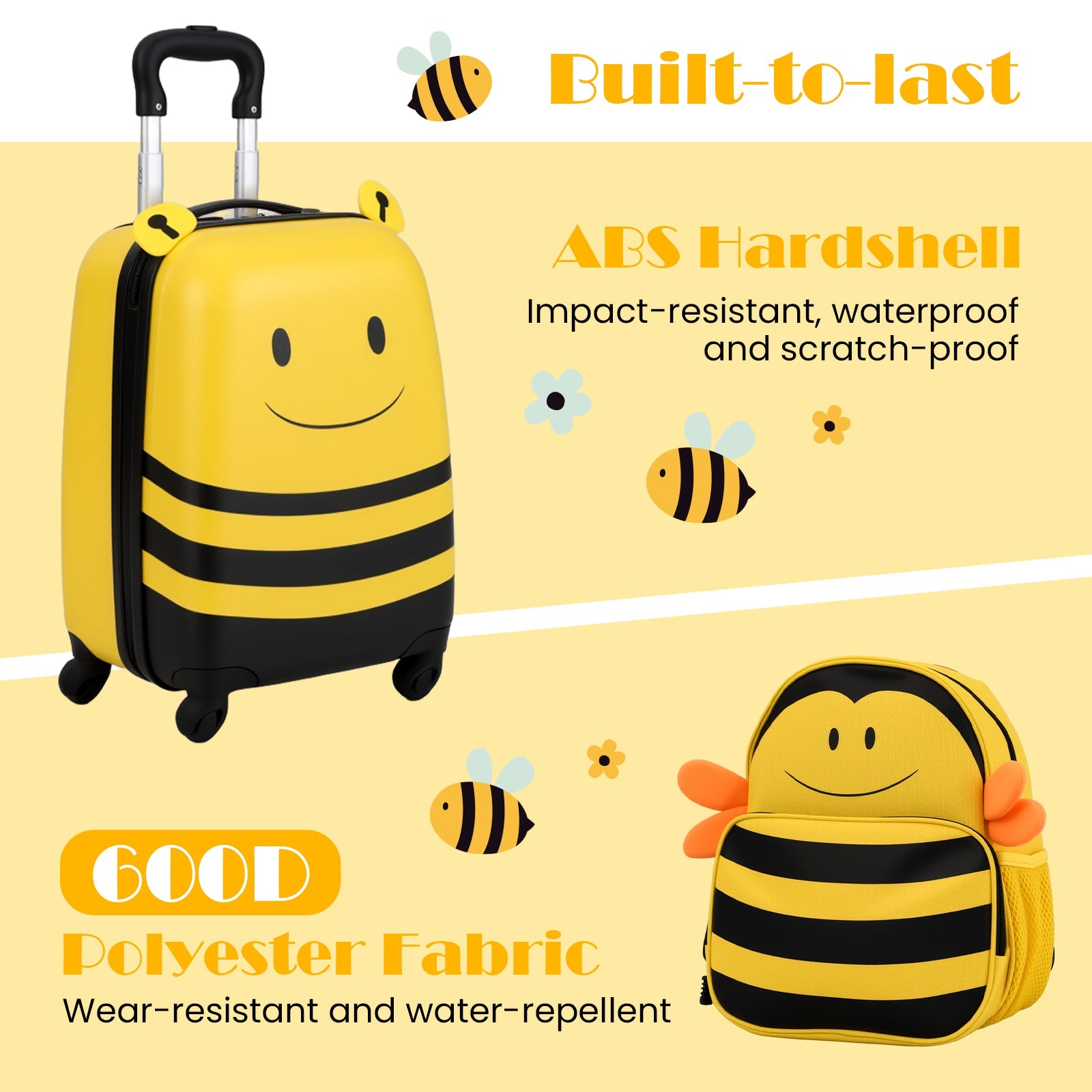 2 PCS Kids Luggage Set on Wheels, 16” Portable Bee Suitcase & 12” Backpack